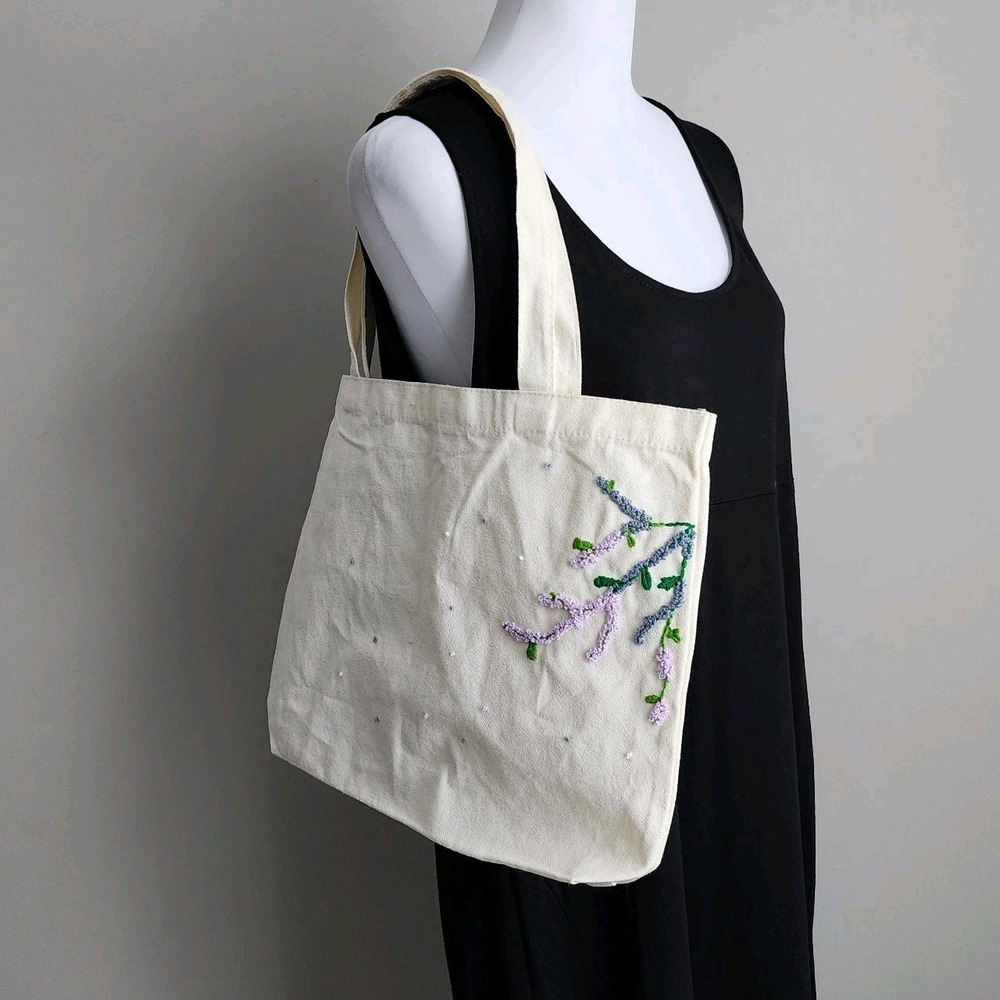 Hand Embroidered Canvas Tote Bag Purple Flowers Unique Gift Idea For Friend NEW
